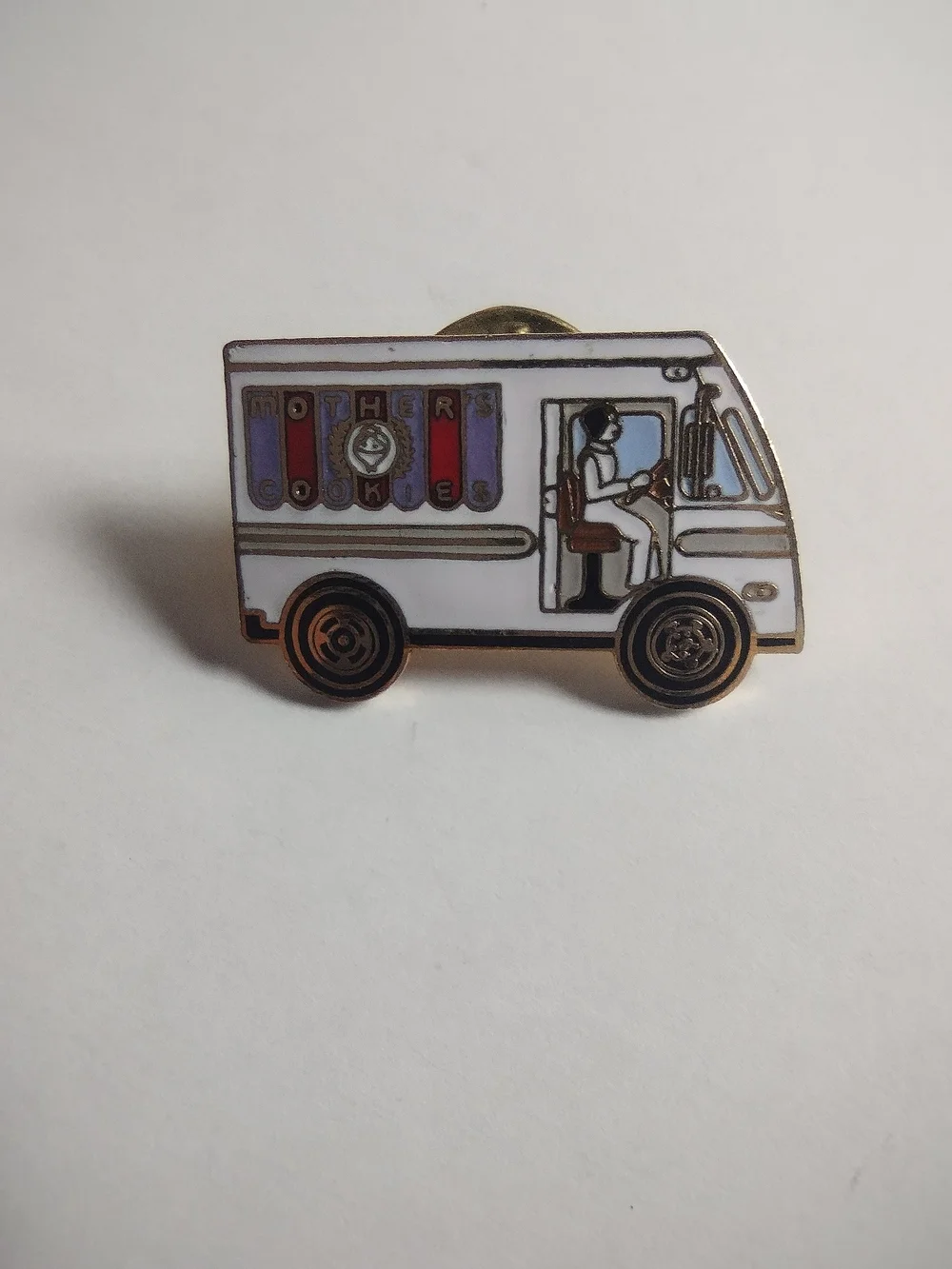 Mother's Cookies White Enamel Truck Pin with Red and Purple Accents Vintage